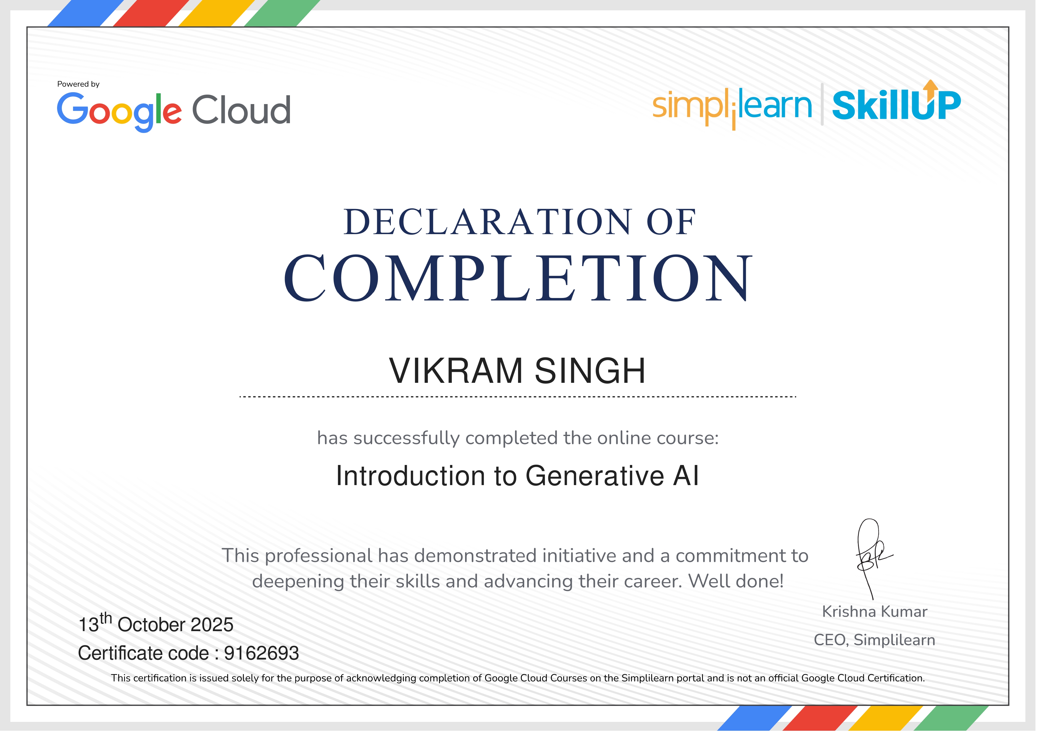 Introduction to Genrative AI certificate
